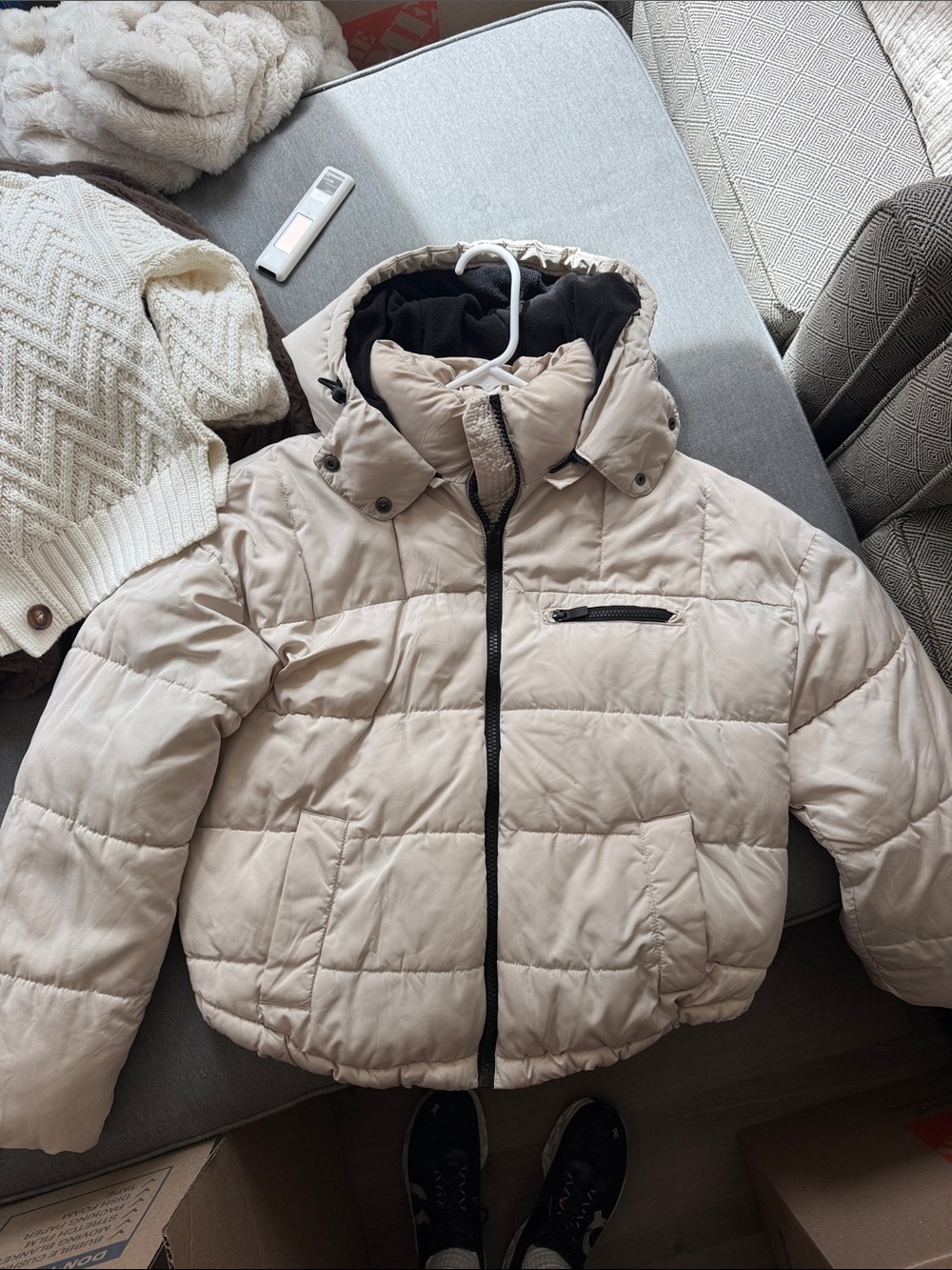 Urban Outfitters Cream Quilted Puffer Jacket with Hood
